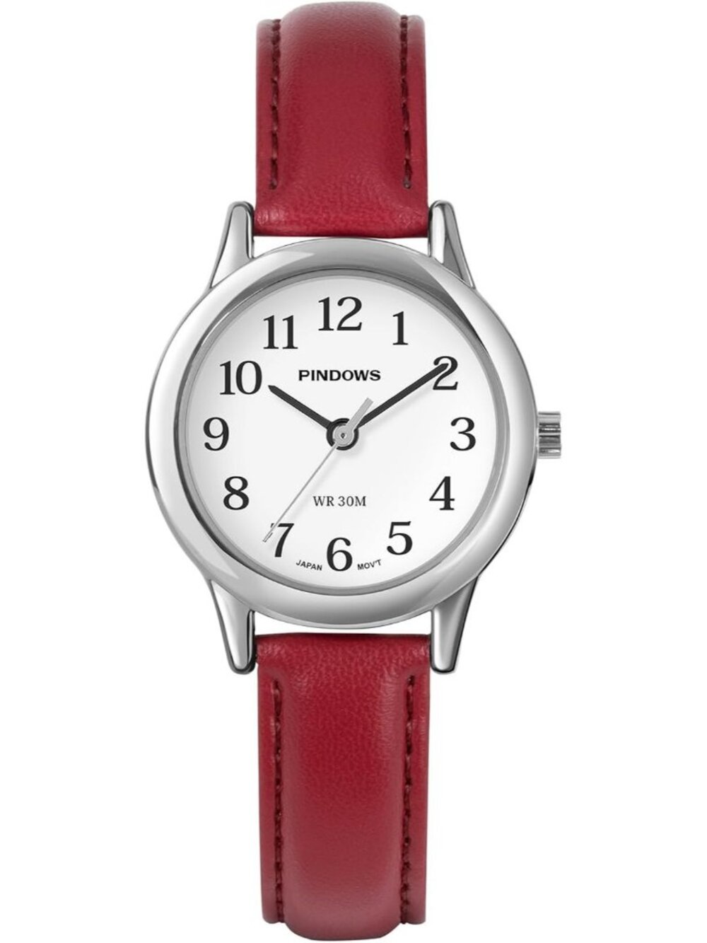 Women's Silver-Red Leather Band Small Analog Arabic Numerals Quartz Wrist Watch - Picture 2 of 7